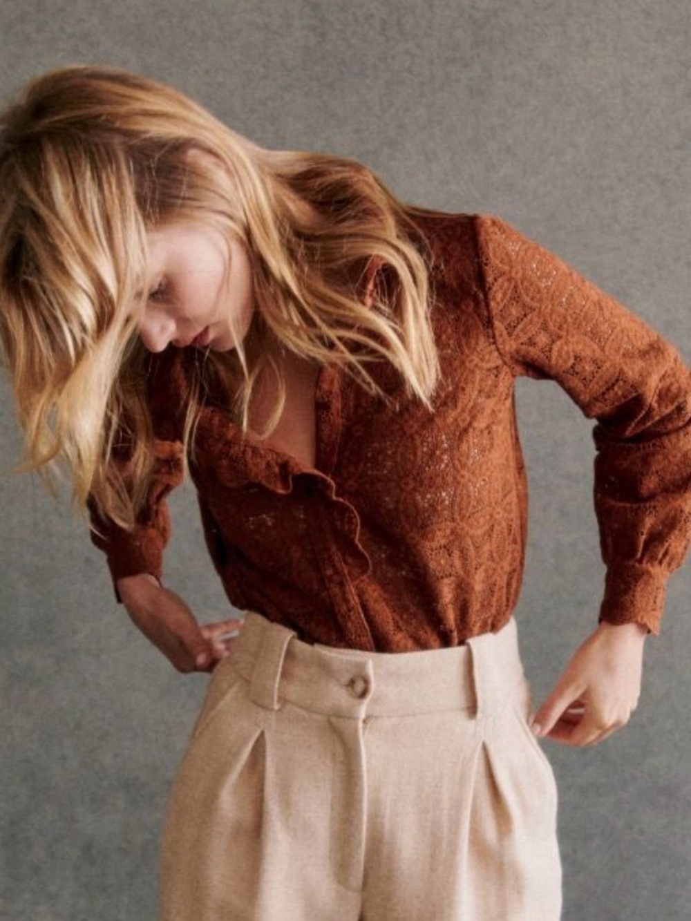 SEZANE Chlo Shirt in Rust Crochet
